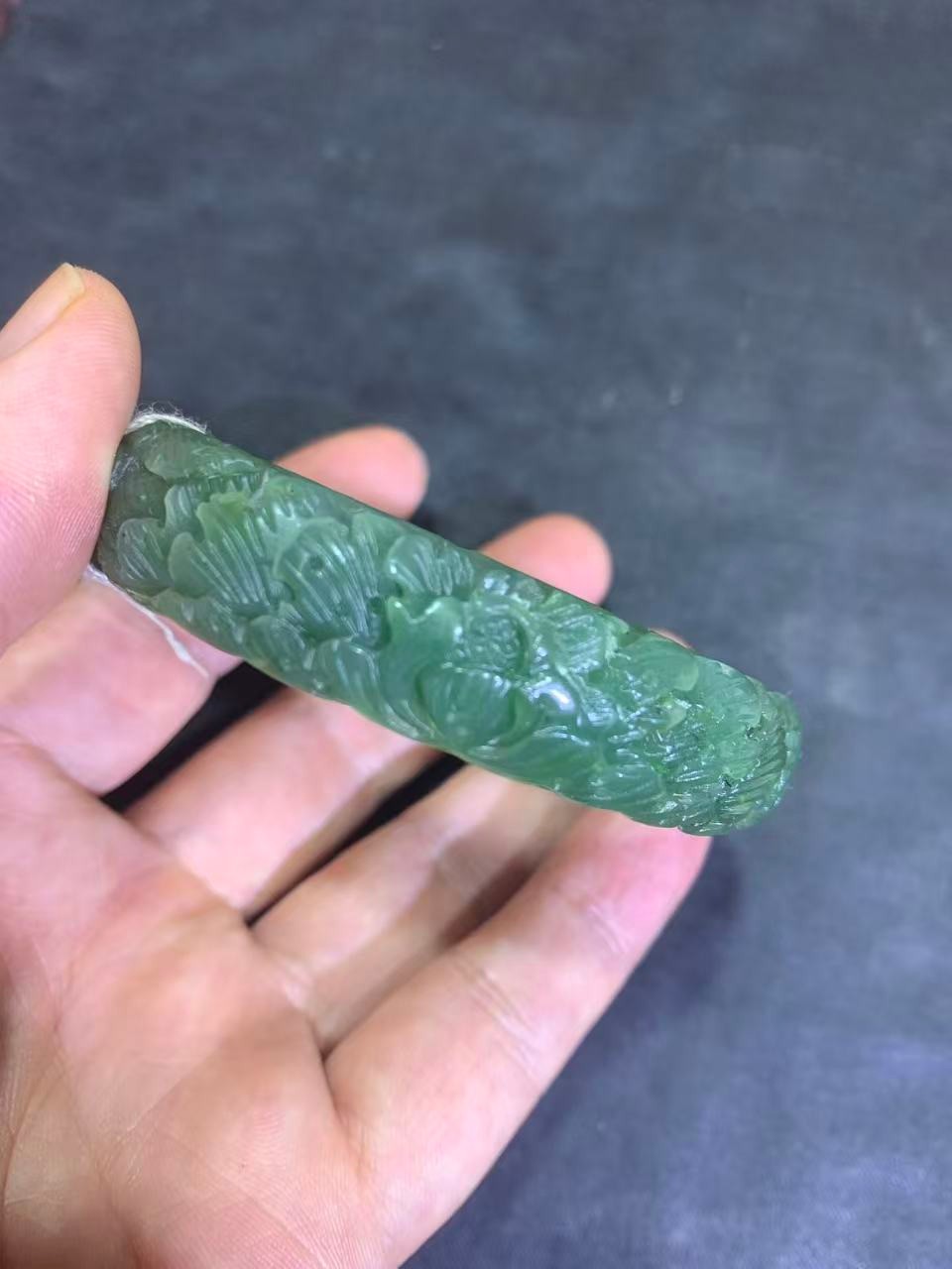 Rare Chinese HeTian Green Jade Hand Carved *Phoenix/Flower* Bangle Bracelet
