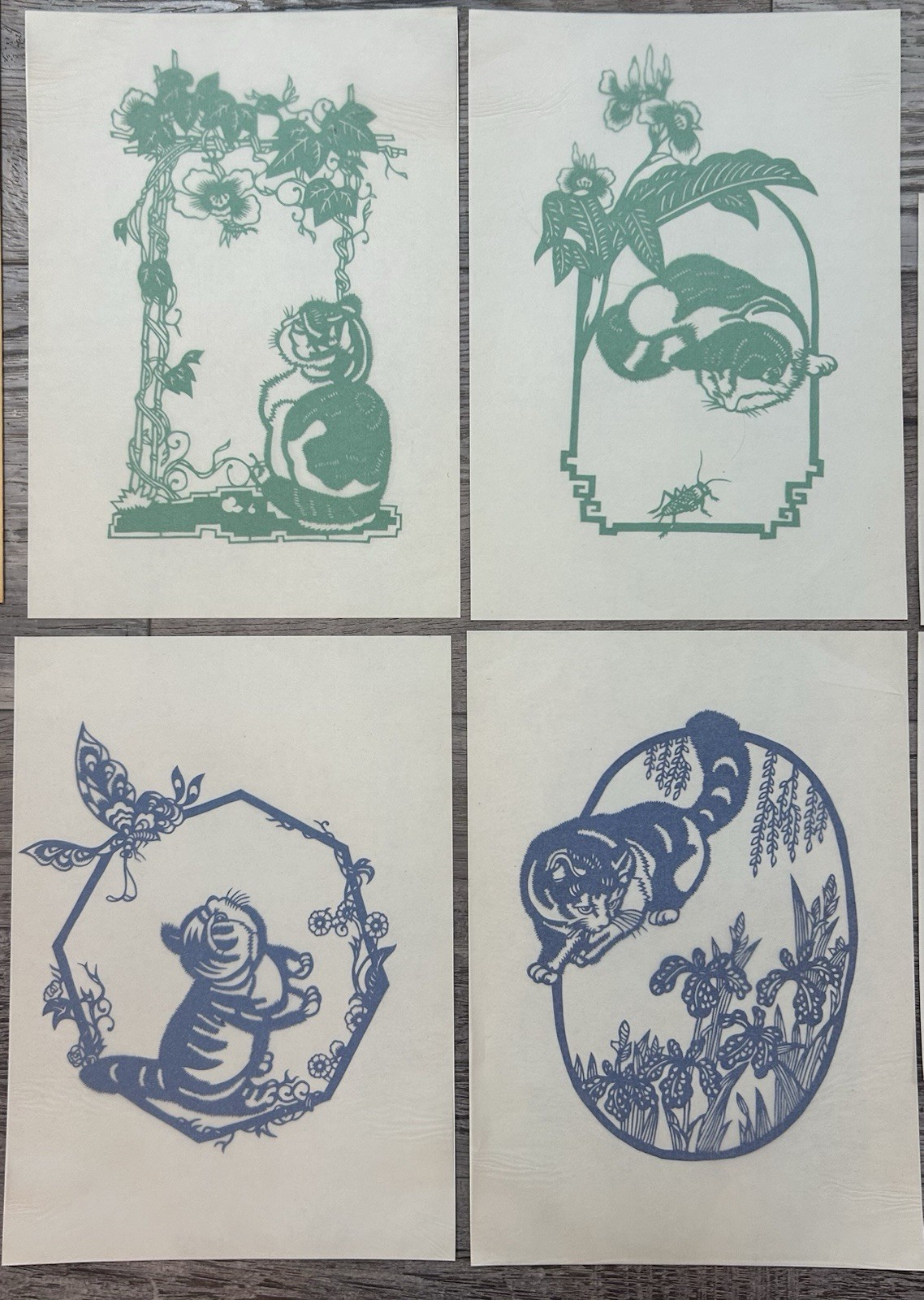 Vintage 1960’s Set of 7 Chinese Cats Paper cuts Cultural Relics Folk Art – MINT