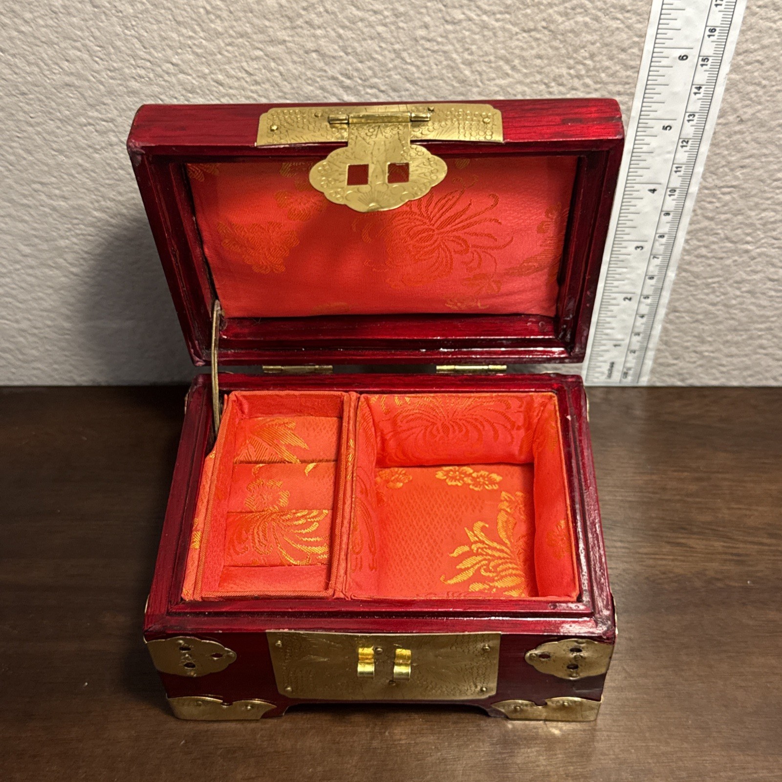 Antique Chinese White Jade & Brass Fittings Wood Jewelry Box Red Lining u-11D