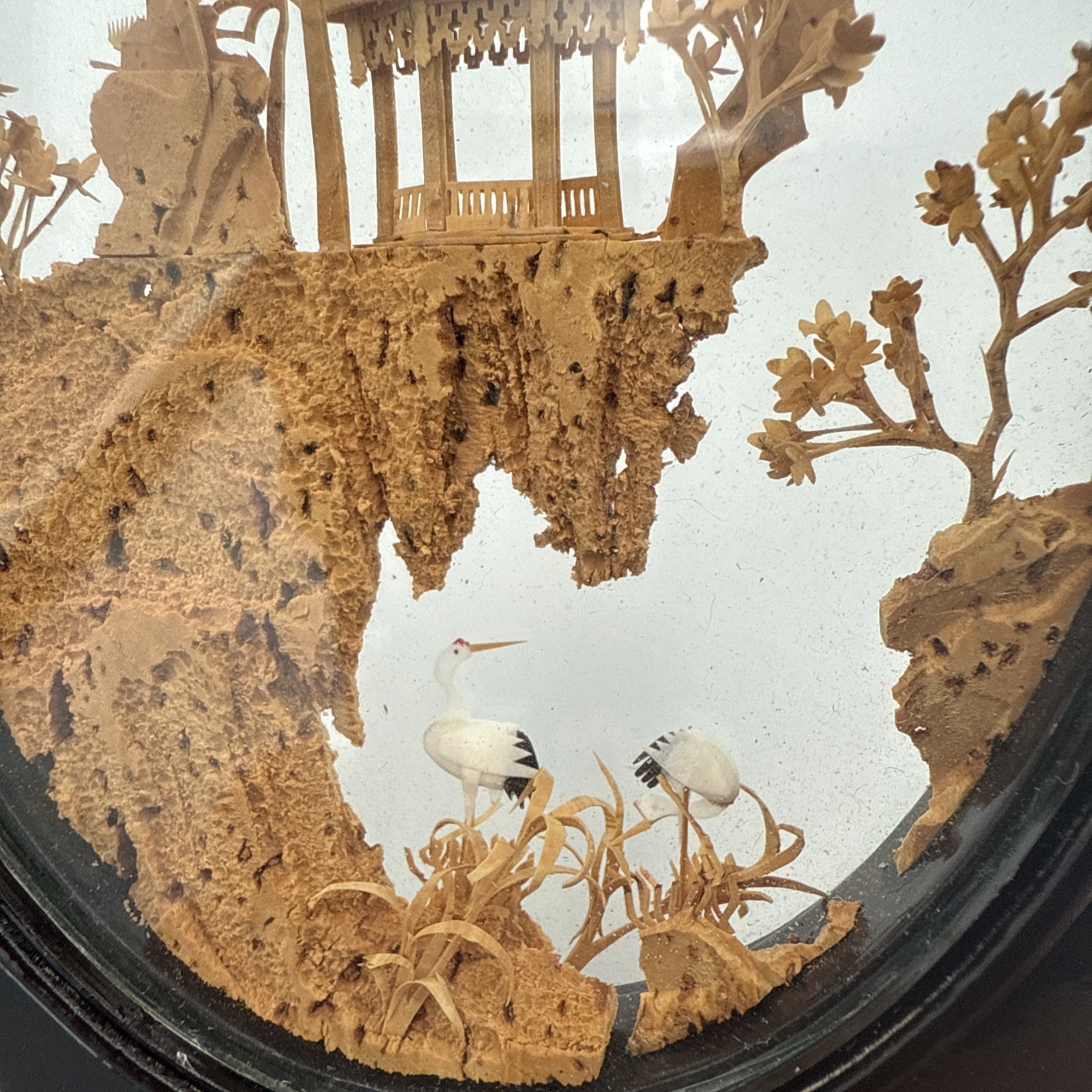 Vintage Chinese Diorama Cork Carving Glass Case Pagoda/Trees/Cranes 8”