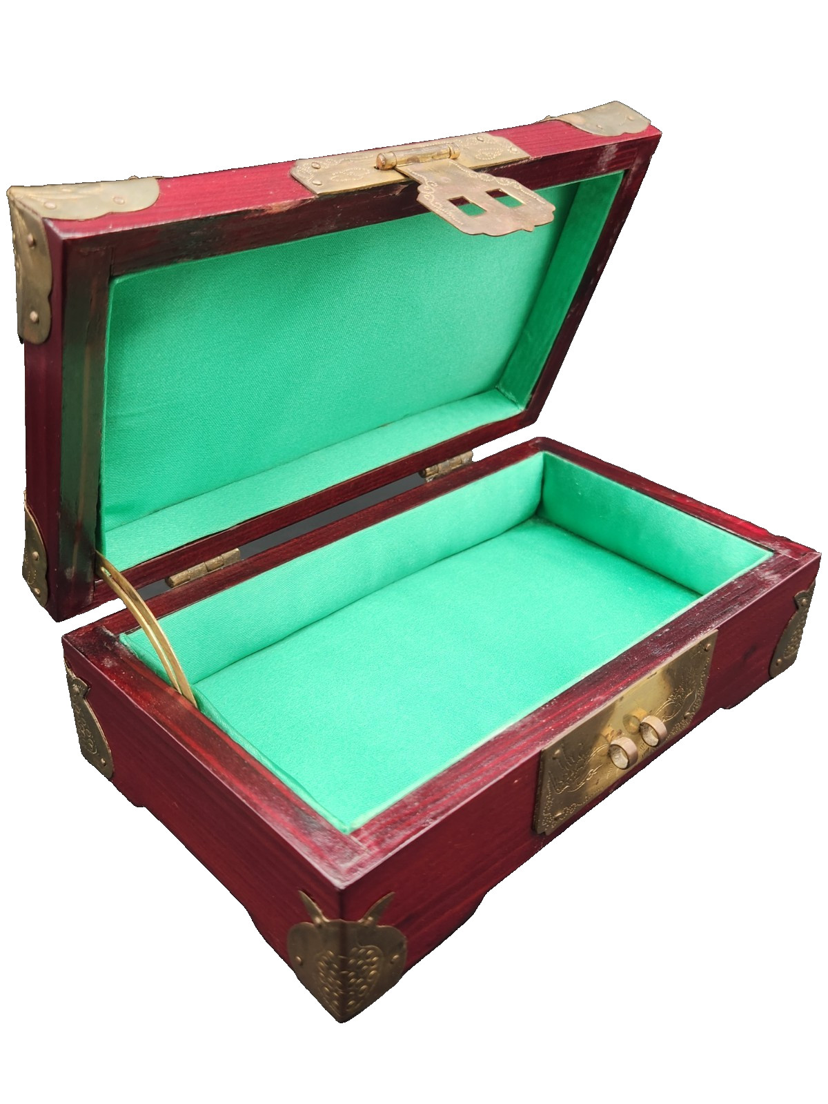 Wood & Brass Locking Box Shanghai China W/Lock & Key Jewelry Trinket – Vintage