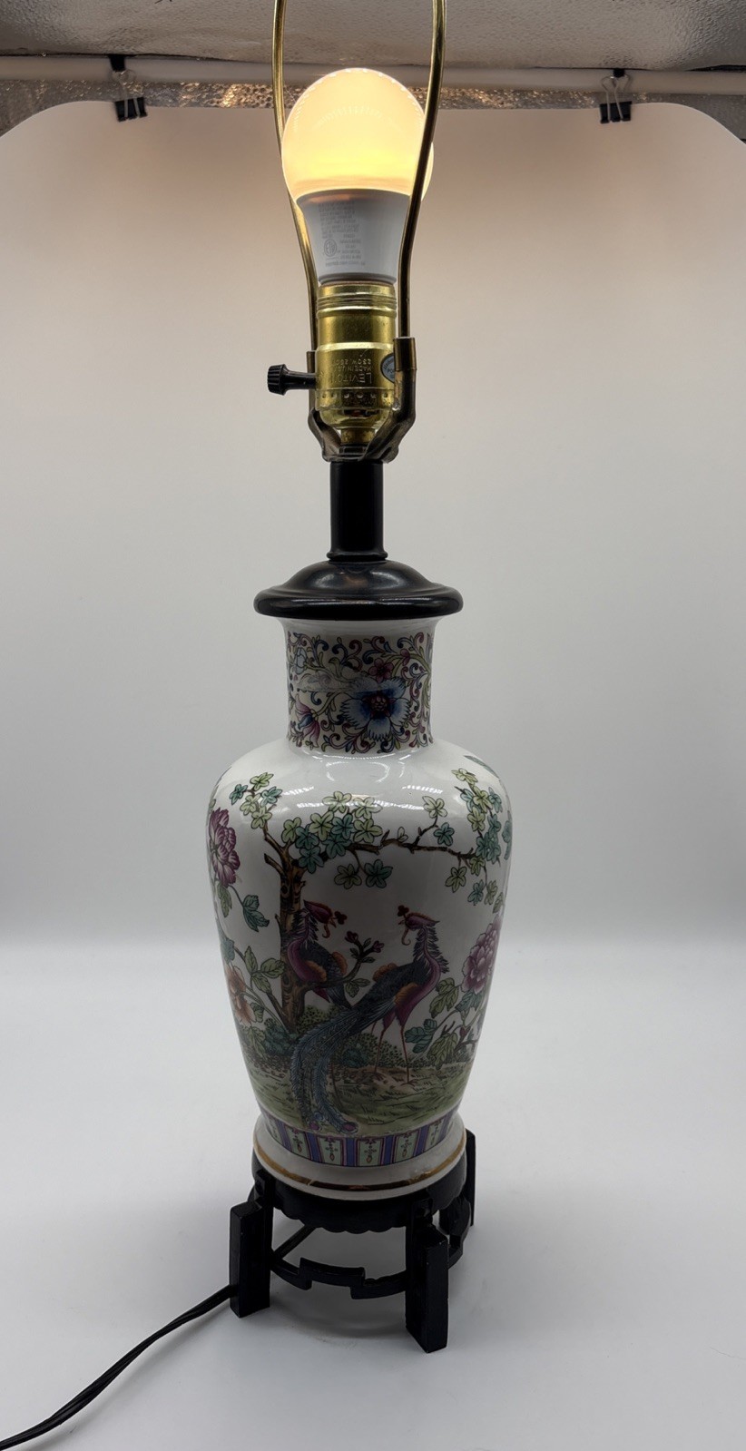Vintage Chinese Porcelain Vase Lamp With Asian Birds Feathers Floral