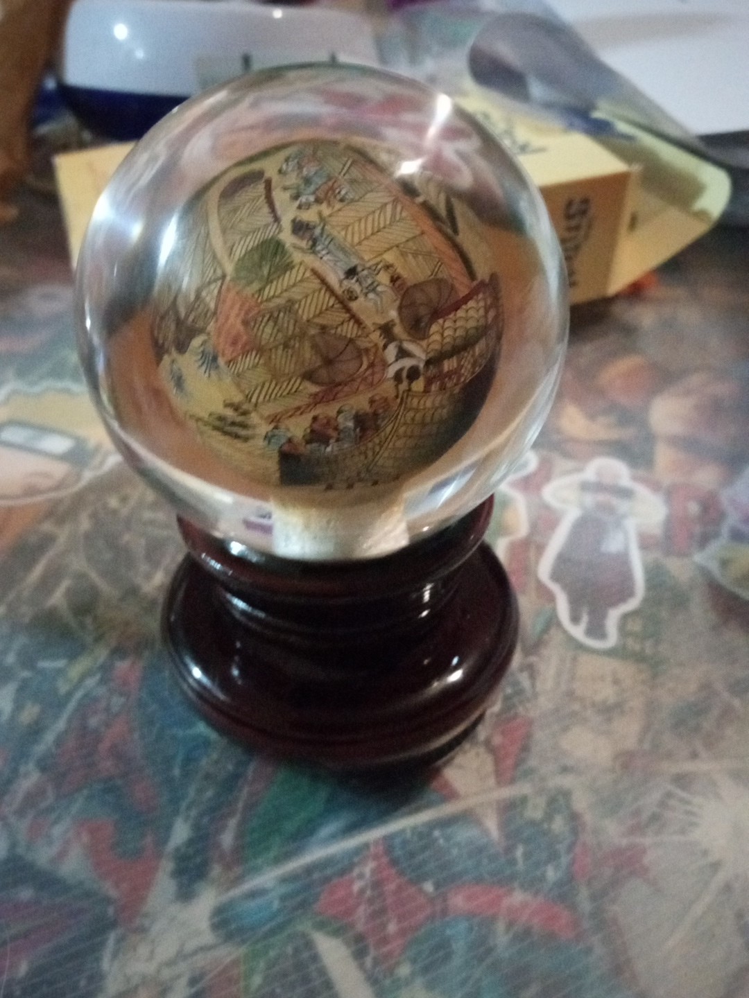 Vintage Chinese Hand Reverse Painted Glass Globe / Wooden Base Stand – 5″ Sphere
