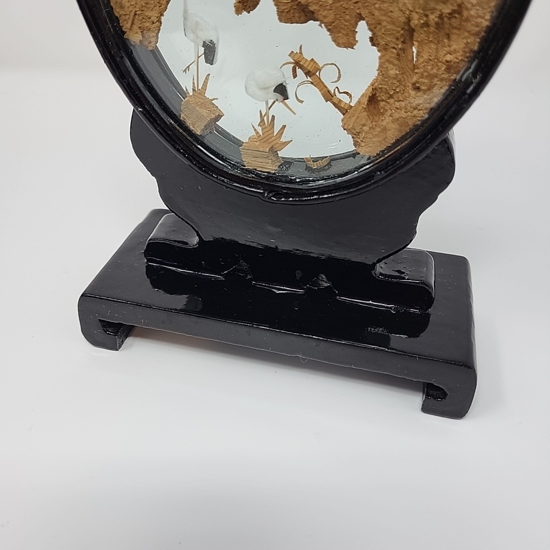 Vintage Oval Chinese 3D Art Wood & Cork Diorama Asian Crane Tree on Pedestal