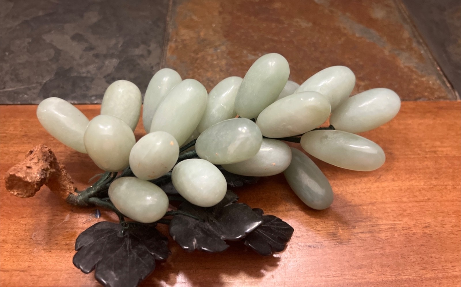 Vintage Alabaster Marble Stone Green Grape Cluster w/Leaves Faux Wood Branch
