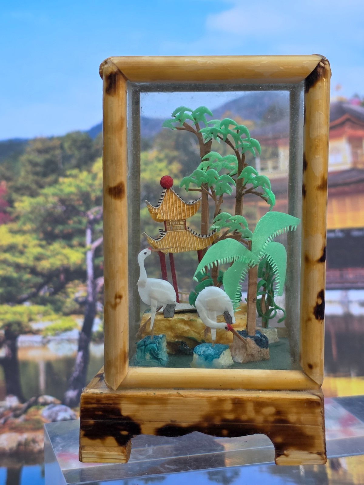 Vintage Carved Cork Chinese Miniature Diorama Shadow Box Cranes 3.75″T & 2.25″L