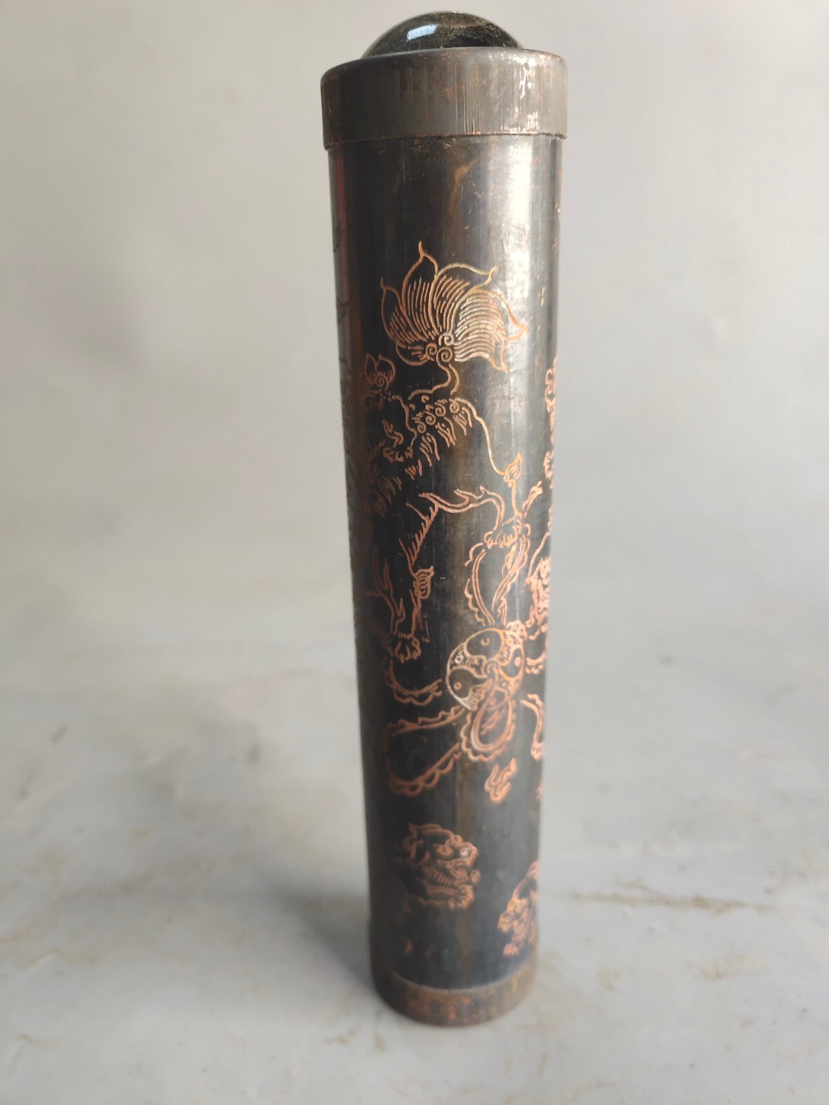 19cm old copper carved lion foo fu dog See Wonderful Scene optical kaleidoscope