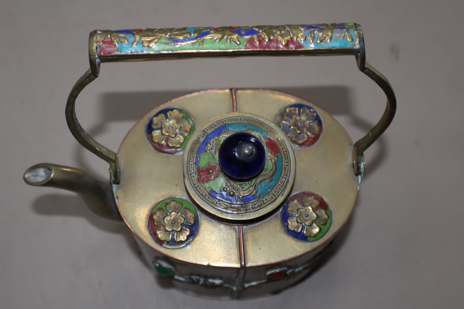 Brass Copper Ornate Tea Pot w/ Blue Glass Knob & Colored Stones – Marked China