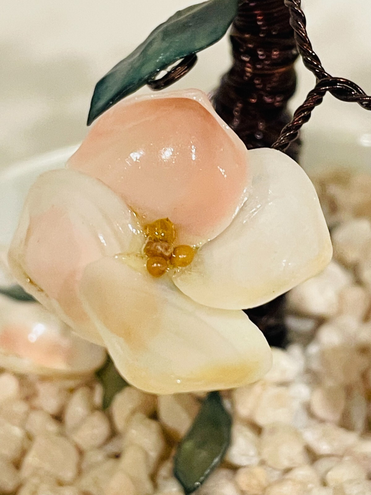 Chinese Pink Seashell & Green Glass 8″ Bonsai Tree in Cloisonné Pot