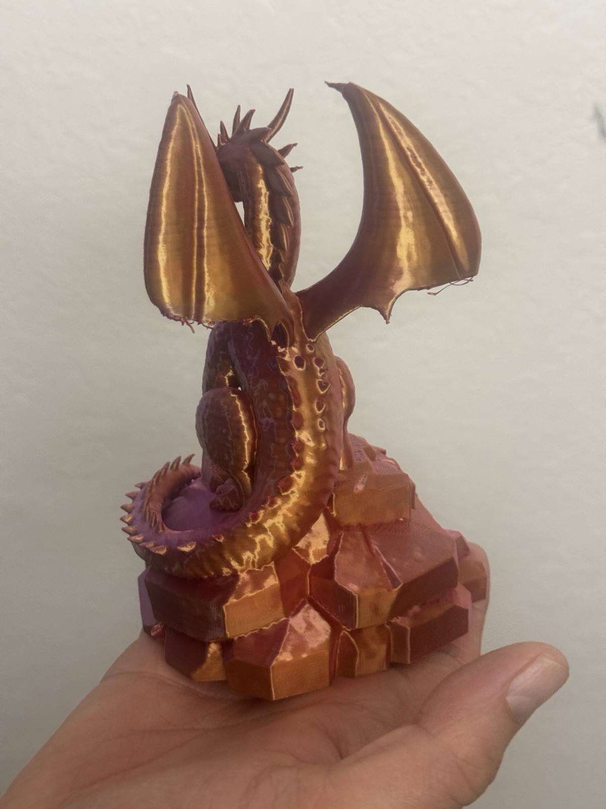BICOLOR Dragon Figurine (Violet & Gold) Mouth Damaged! – H 6.5” × W 5” × D 4.5”