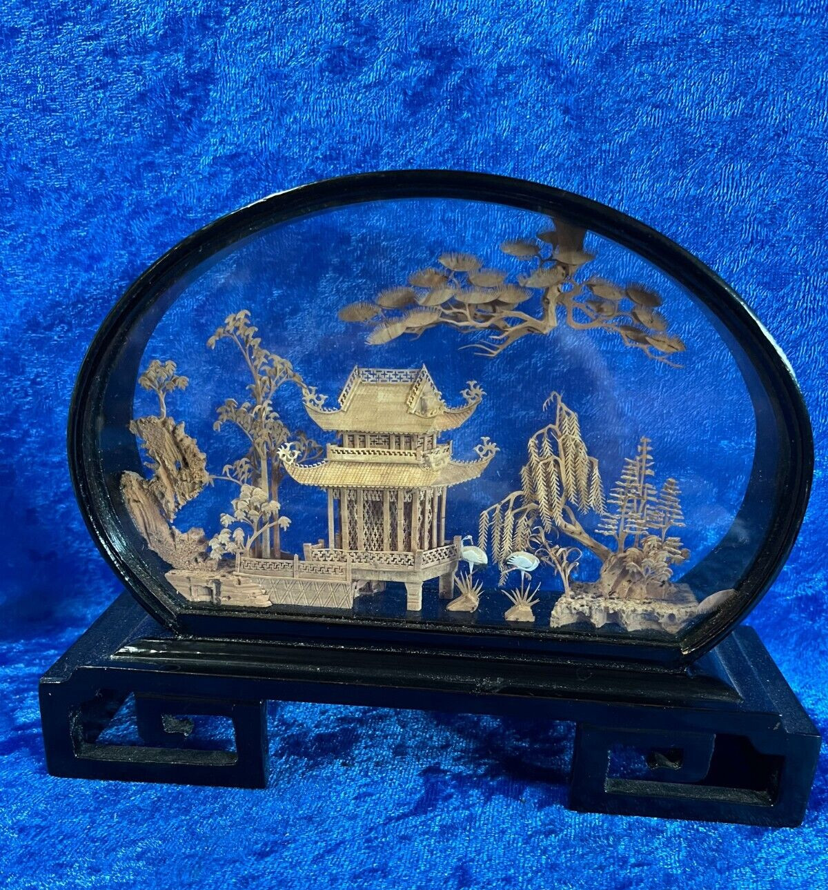 Vintage Diorama Cork Carving Glass Case Pagoda Trees Cranes 6.5 x 8″