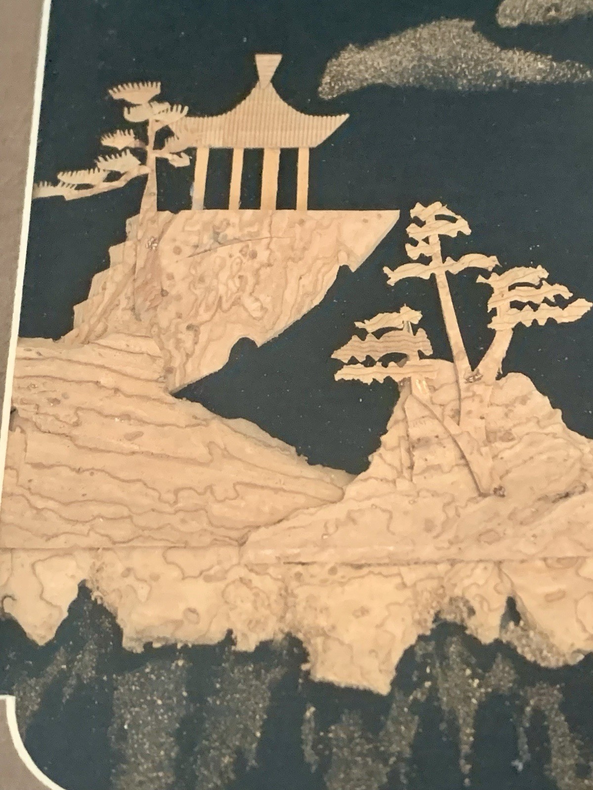 Vintage Asian Chinese Hand Carved Cork Art Diorama Pagoda Cranes 3D Framed