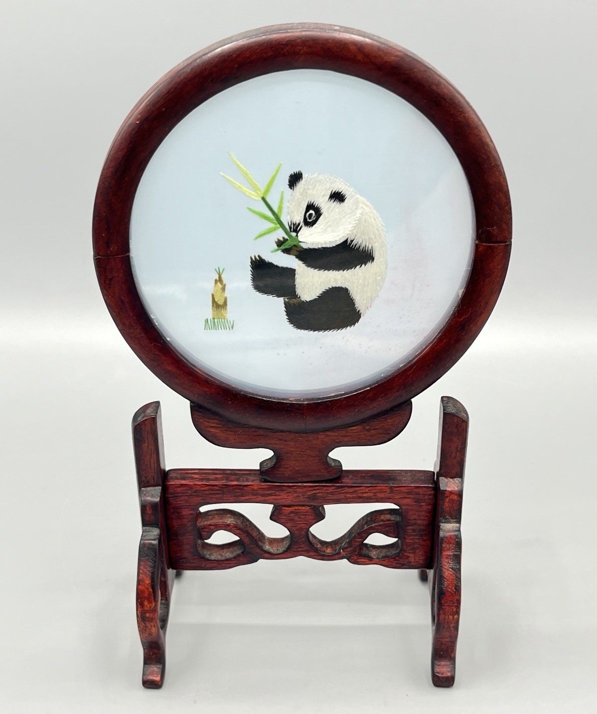 ASIAN Chinese Panda Double Sided Silk Embroidery Wooden Screen – Read