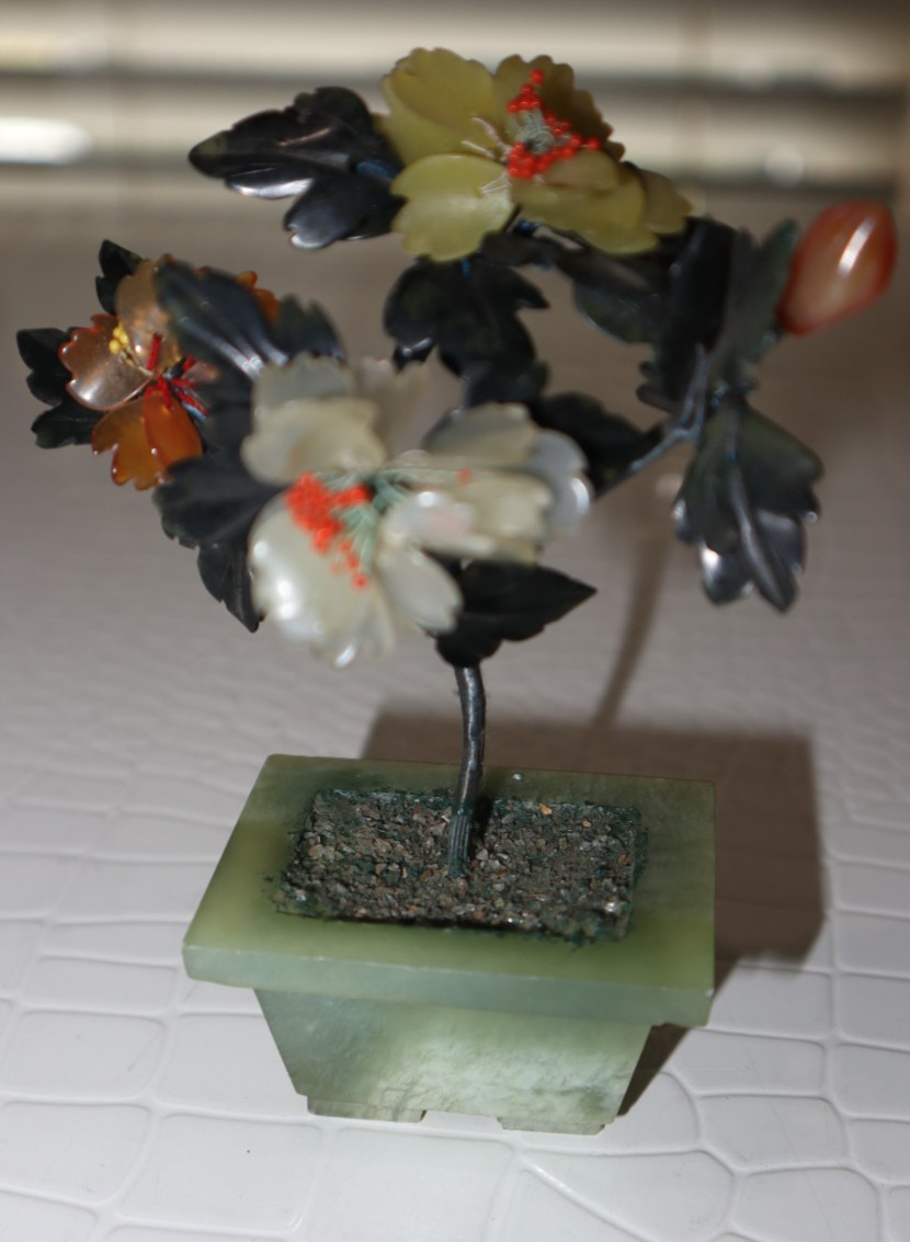 Hand Carved Miniature Jade Tree with Rose Quartz, Jade & Carnelian