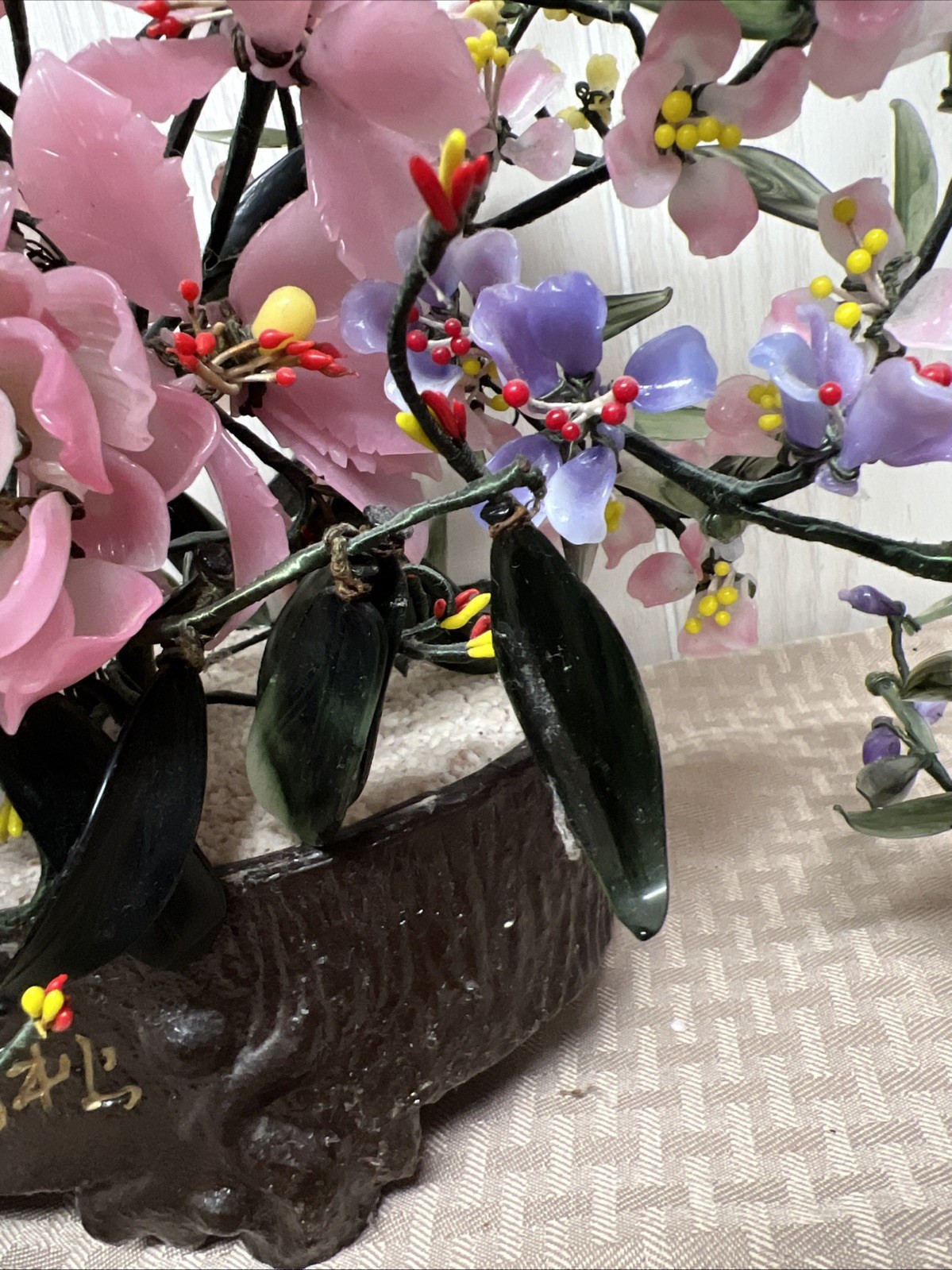 Vtg Jade Bonsai Flower Tree Pot Green Pink Quartz Glass Plant Large China