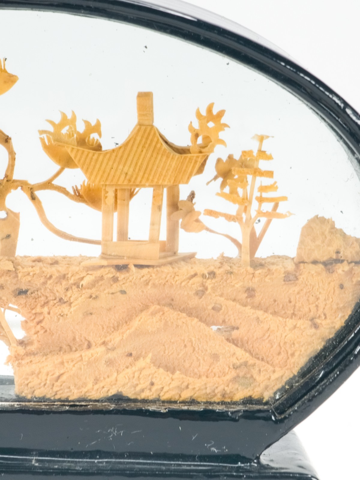 4 Vintage Chinese Cork Carving Dioramas Glass Case Pandas Birds Pagoda Art