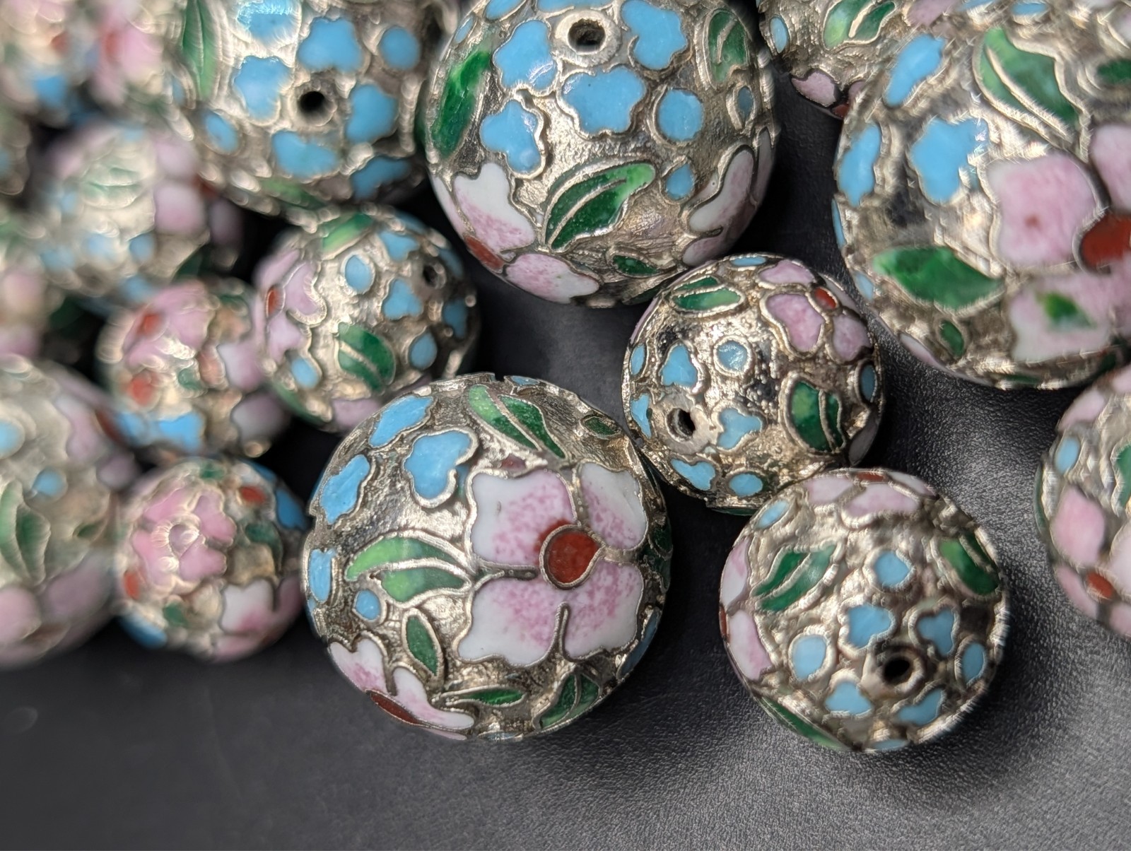 Assortment of Vintage Chinese Cloisonne Floral Design Silver Tone Beads – 40 pc