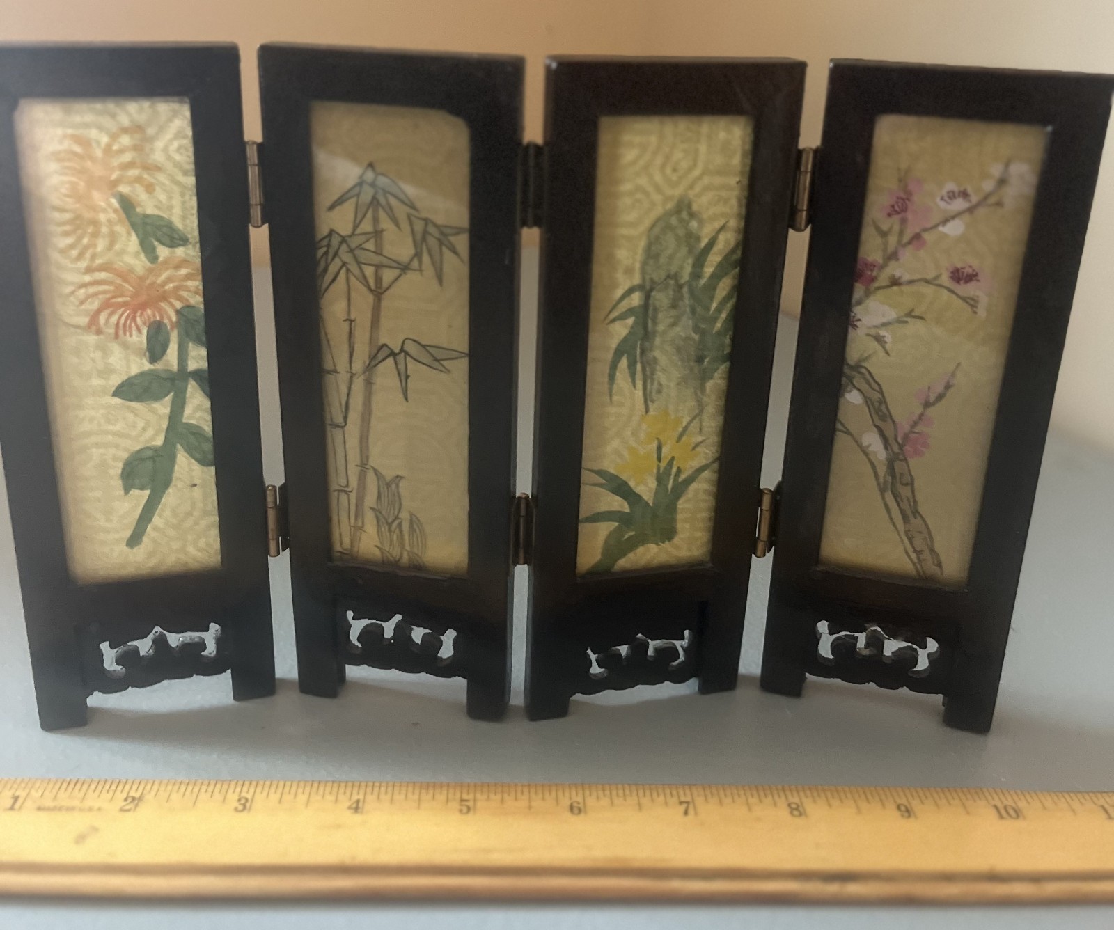Vintage mini table top chinese hand painted screens pannels wood/glass XLNT