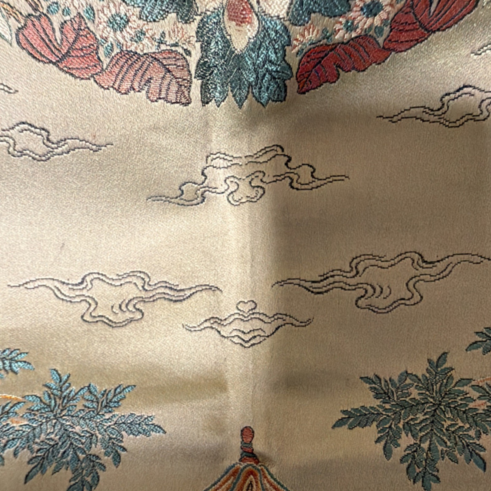 Chinese Decorative Brocade Tapestry with Pagoda and Garden Scene