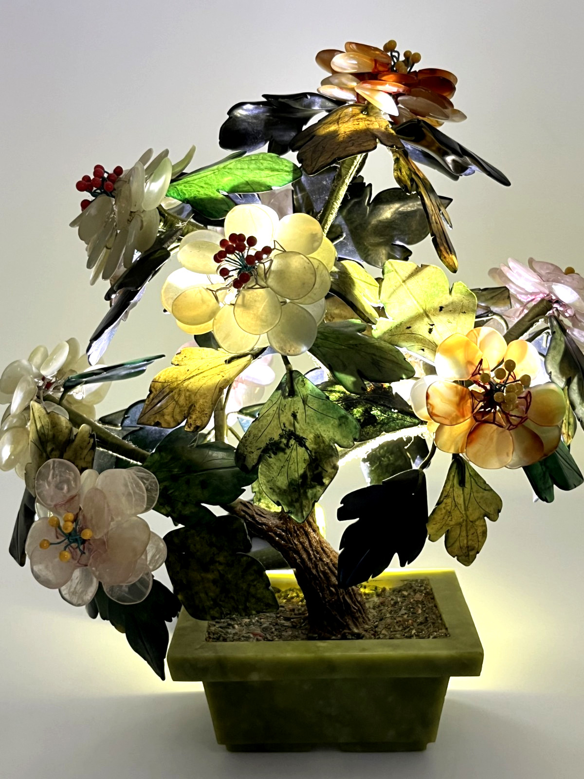 Vintage MCM Chinese Carved Gemstone Bonsai Tree Jade, Carnelian, Rose Quartz 11″