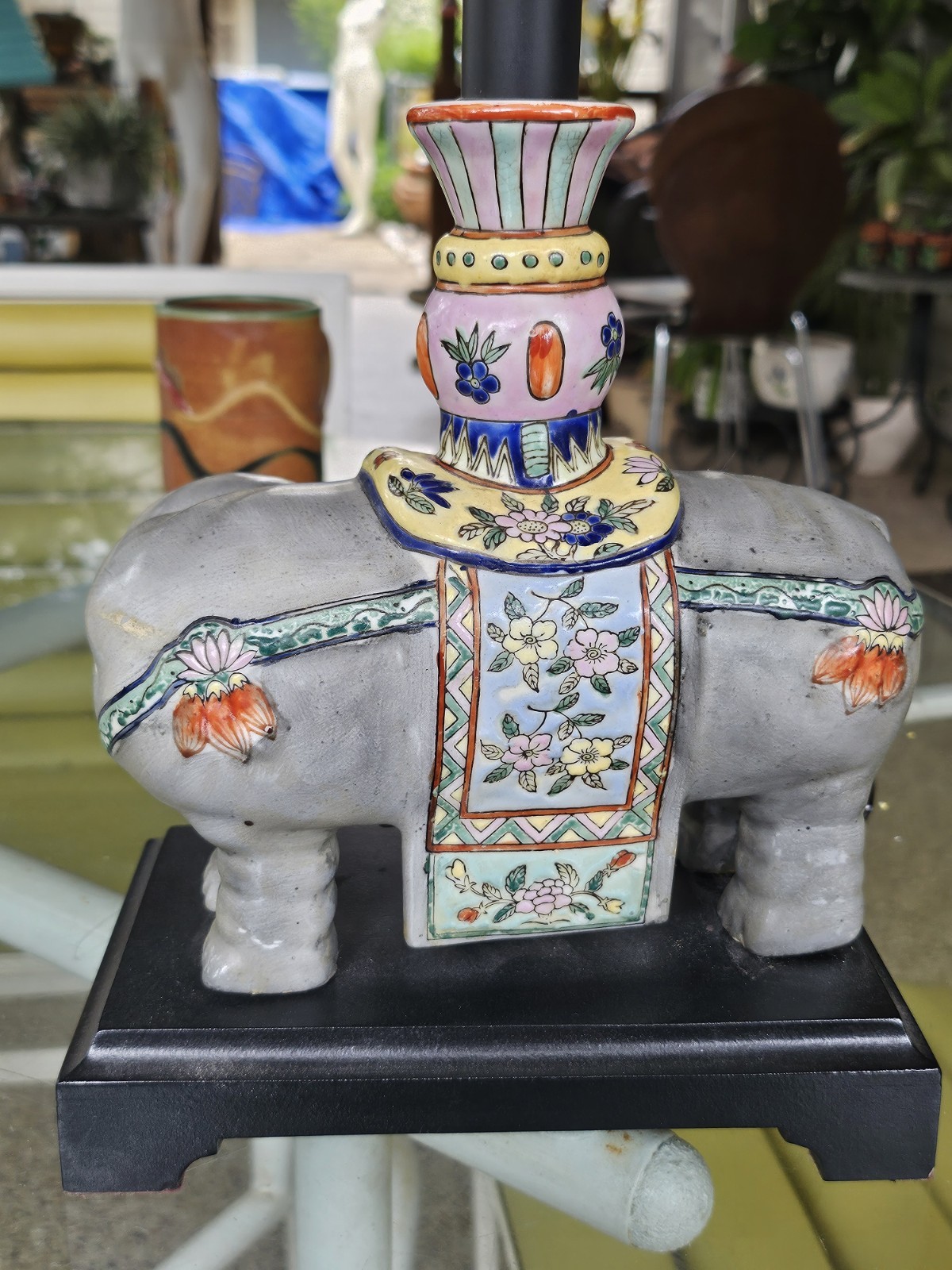 Vintage CHINESE ENAMELED PORCELAIN ELEPHANT WITH A ZUN VASE Turned Lamp