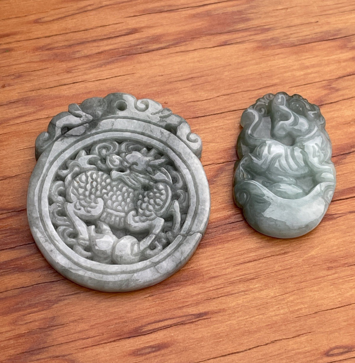 Pair Nephrite Jade Pendants Qilin & Foo Dog Ancient Style Carved Translucent MCM