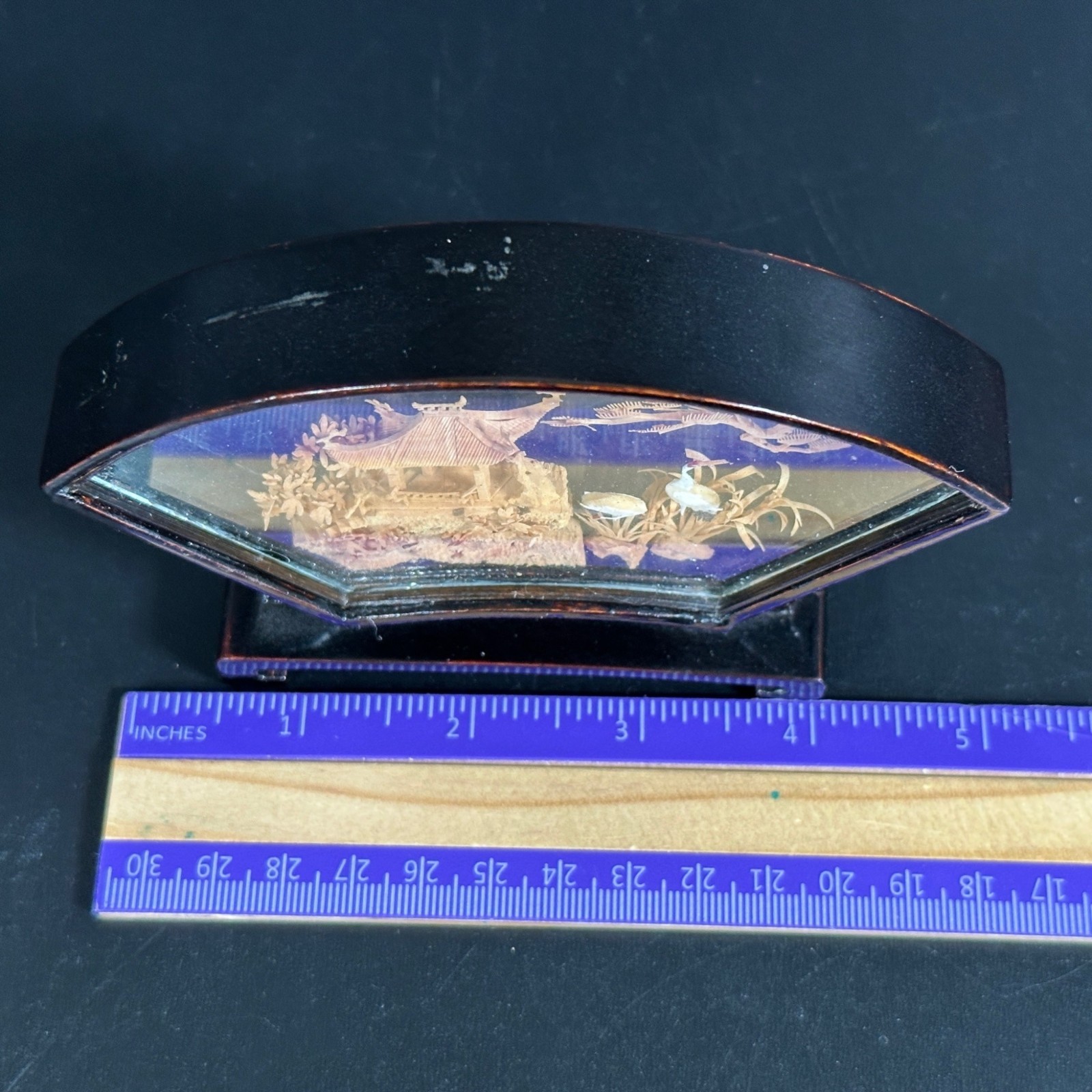 VTG Chinese Hand Carved 3D CORK ART DIORAMA San You Landscape Fan Shaped Frame