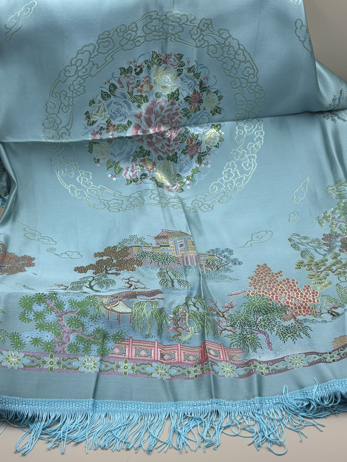 Vintage Silk Brocaded Flowers China Tapestry Table Cloth Box Bright Blue Fringe
