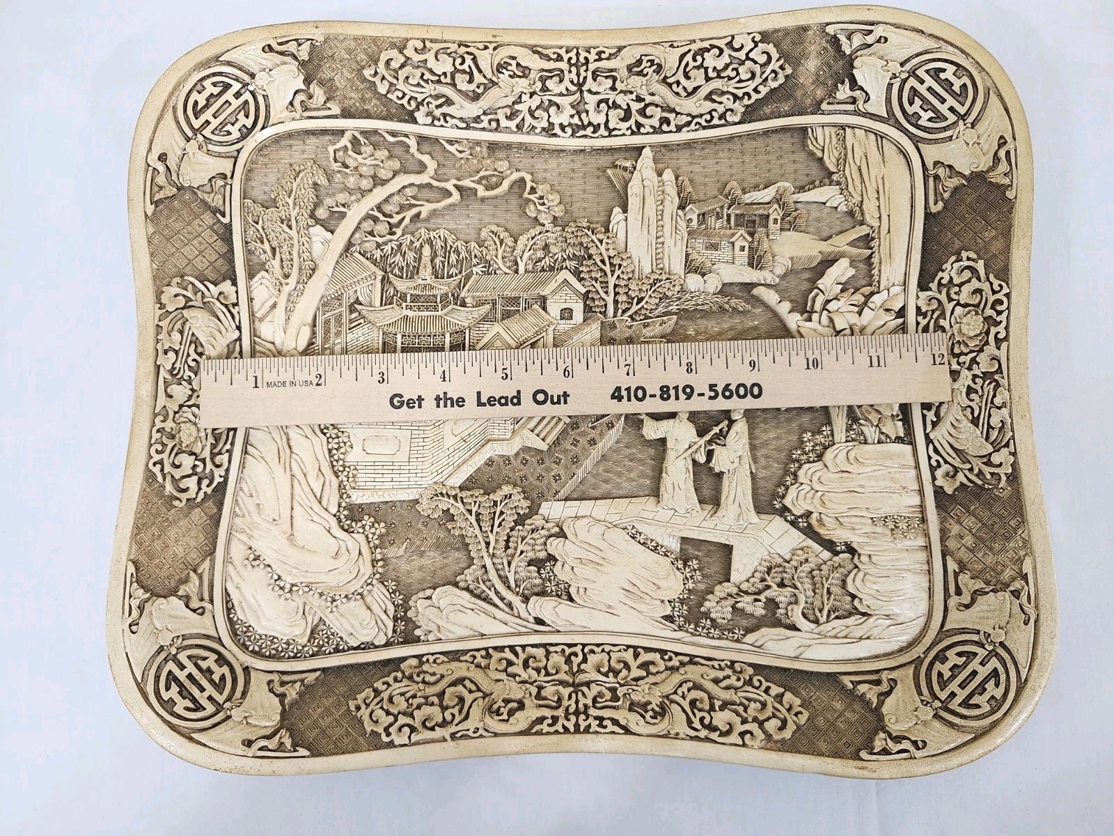 Vintage Asian Carved Look Resin Tray Landscape Figures Scene 14″ x 12″ Chinese