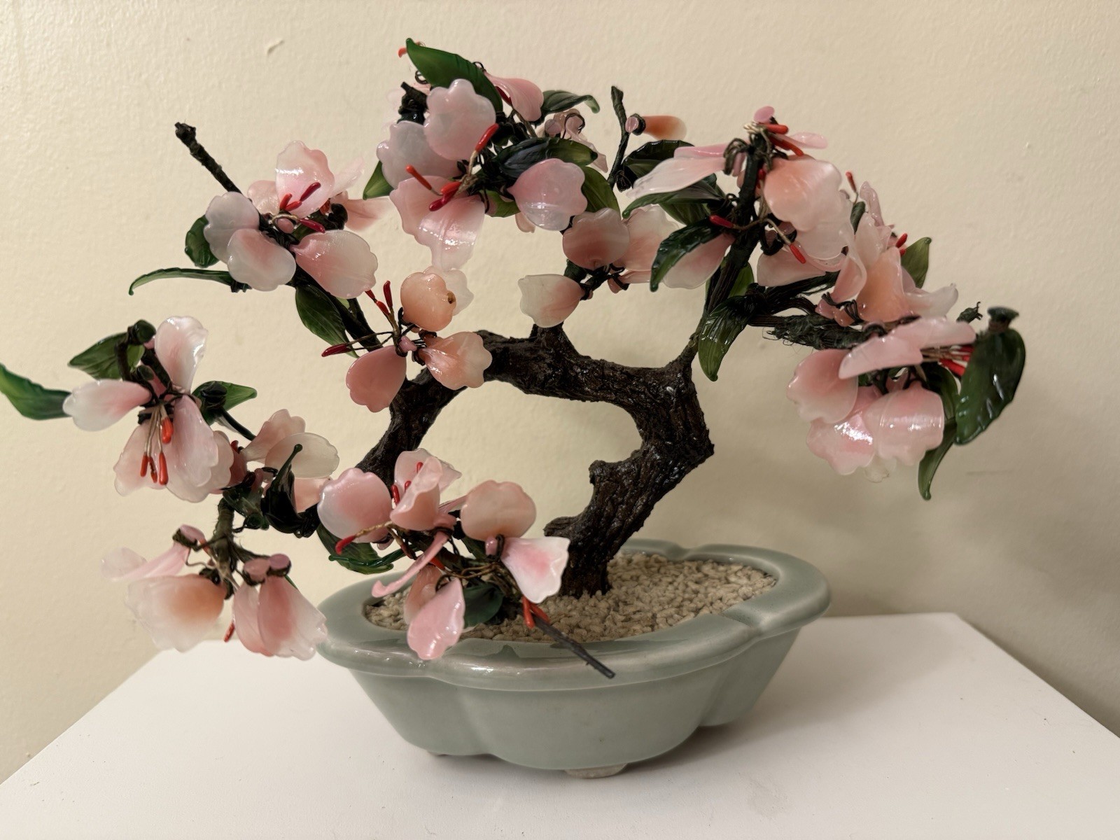 Vtg Asian Jade Glass Flowering Pink Cherry Blossom Bonsai Tree Ceramic Pot 8×9”