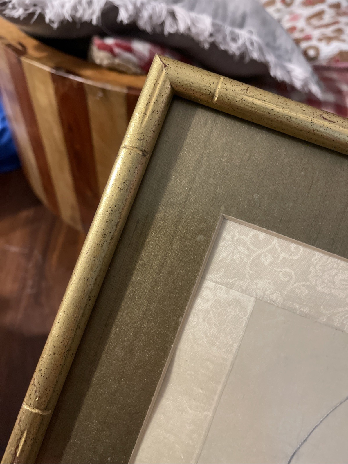Vintage Framed Asian Figural Art Woman on Swing Blossoms Signed 12.5×14.5