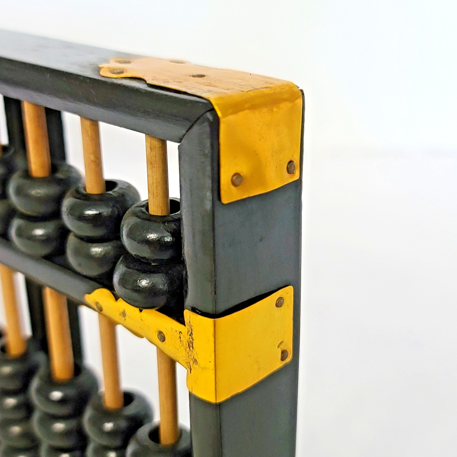 VTG Chinese Lotus Flower Abacus 13 Rod 91 Beads Black Painted Wood Brass Details