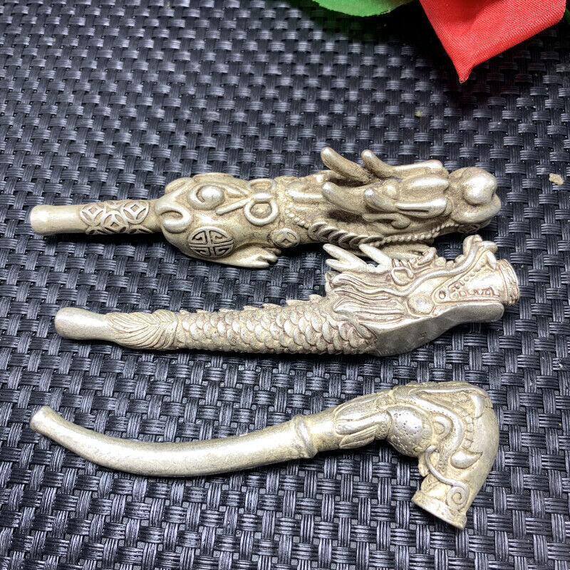 Tibetan Silver pipe Smoking Statue Sacred Dragon hand-made Tobacco rod 6pcs