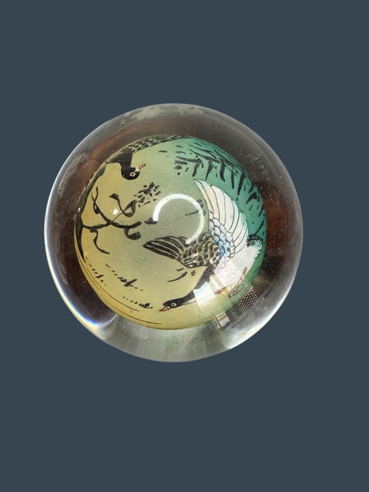 Chinese Reverse Painted Crystal Ball Bird Scene Wood Stand 4 Inch Glass Artwork