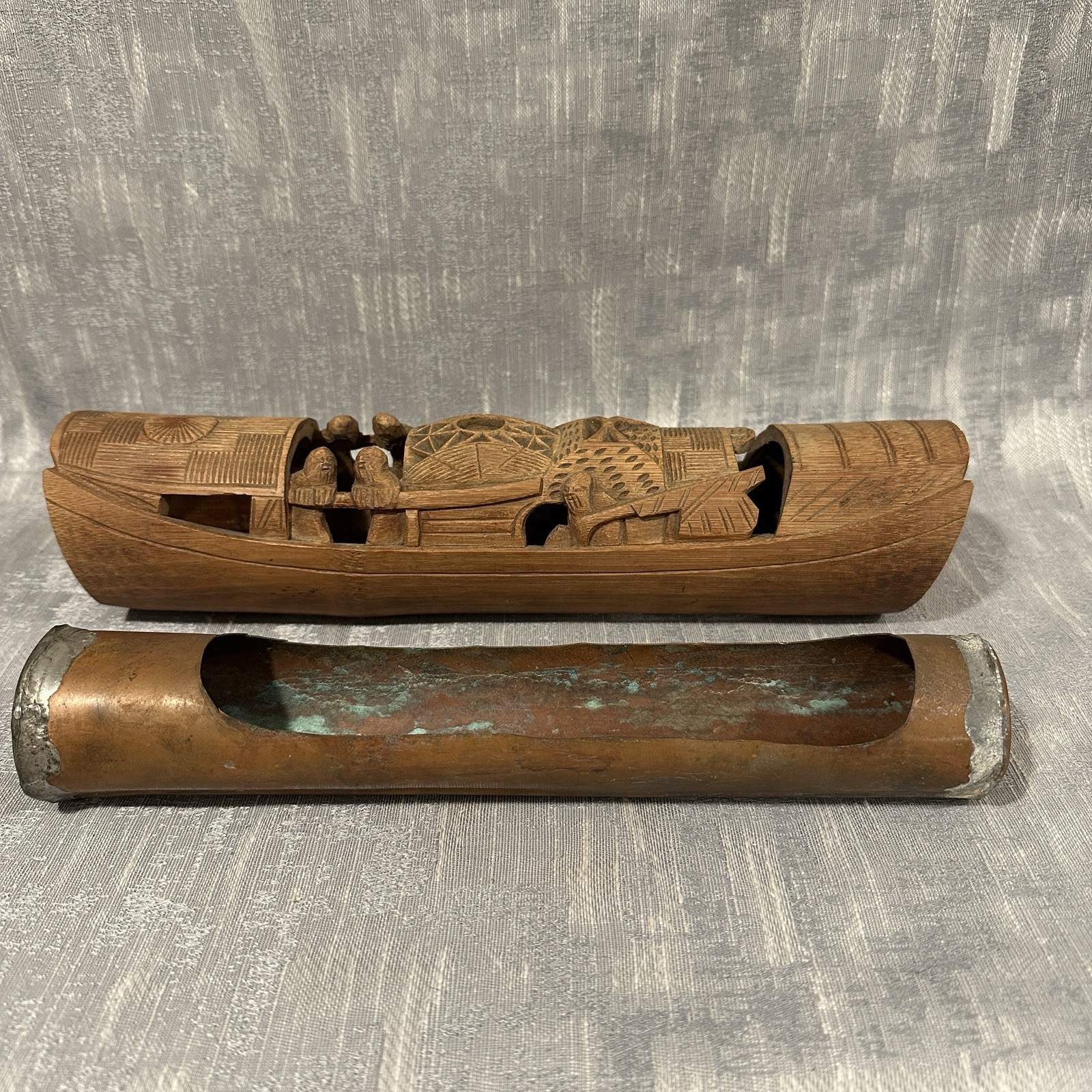 Vtg Chinese Carved Bamboo Junk Fishing Boat Copper Calligraphy Brush Tray Insert