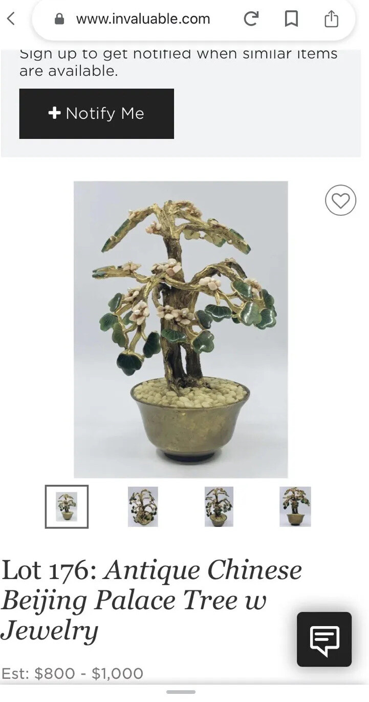 Bonsai Tree Glass Jade Stone & Pearl Flower in Brass Pot Vintage Oriental Decor