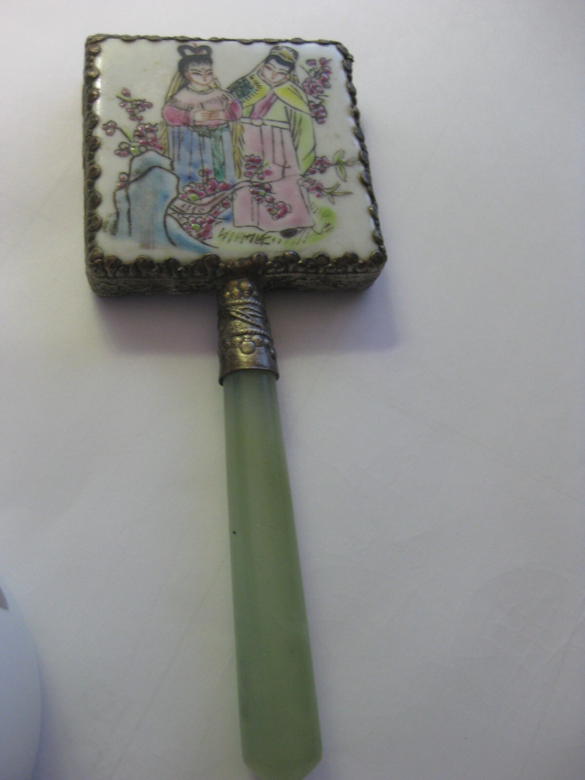 Vintage Small Asian Oriental Motif with Faux Green Jade Handle Mirror