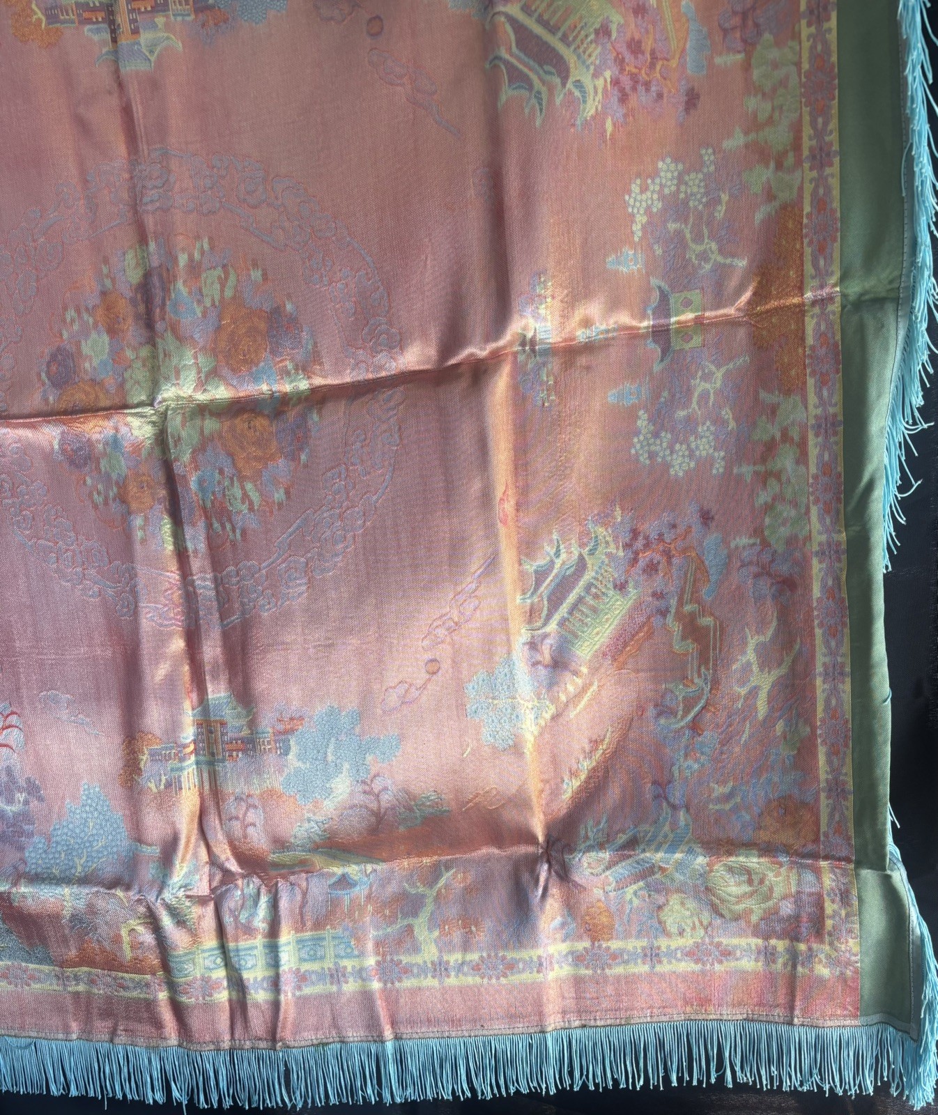 Vintage Silk Brocaded Flowers China Tapestry Table Cloth Box Bright Blue Fringe