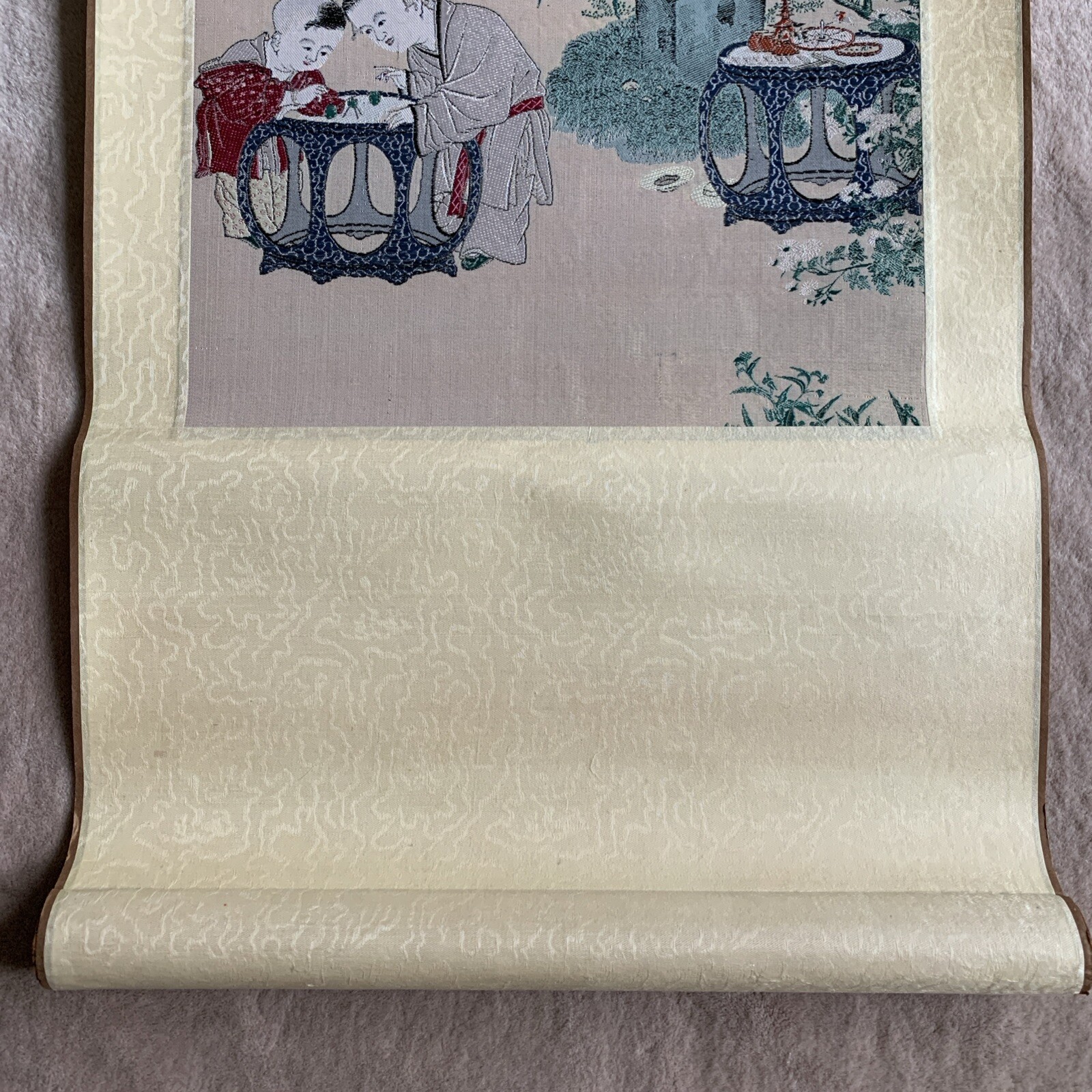 Vtg Chinese-TAIWAN Rayon Tapestry: “Children Playing in Garden” w Wood Ends
