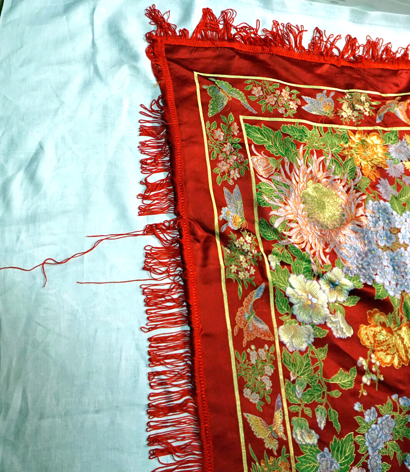 Vintage Silk Brocaded Flowers China Tapestry or Table Cloth Vivid Colors
