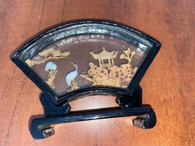 Vintage Chinese Cork Art Diorama Cranes Pagoda Trees Hand Carved in Glass Case
