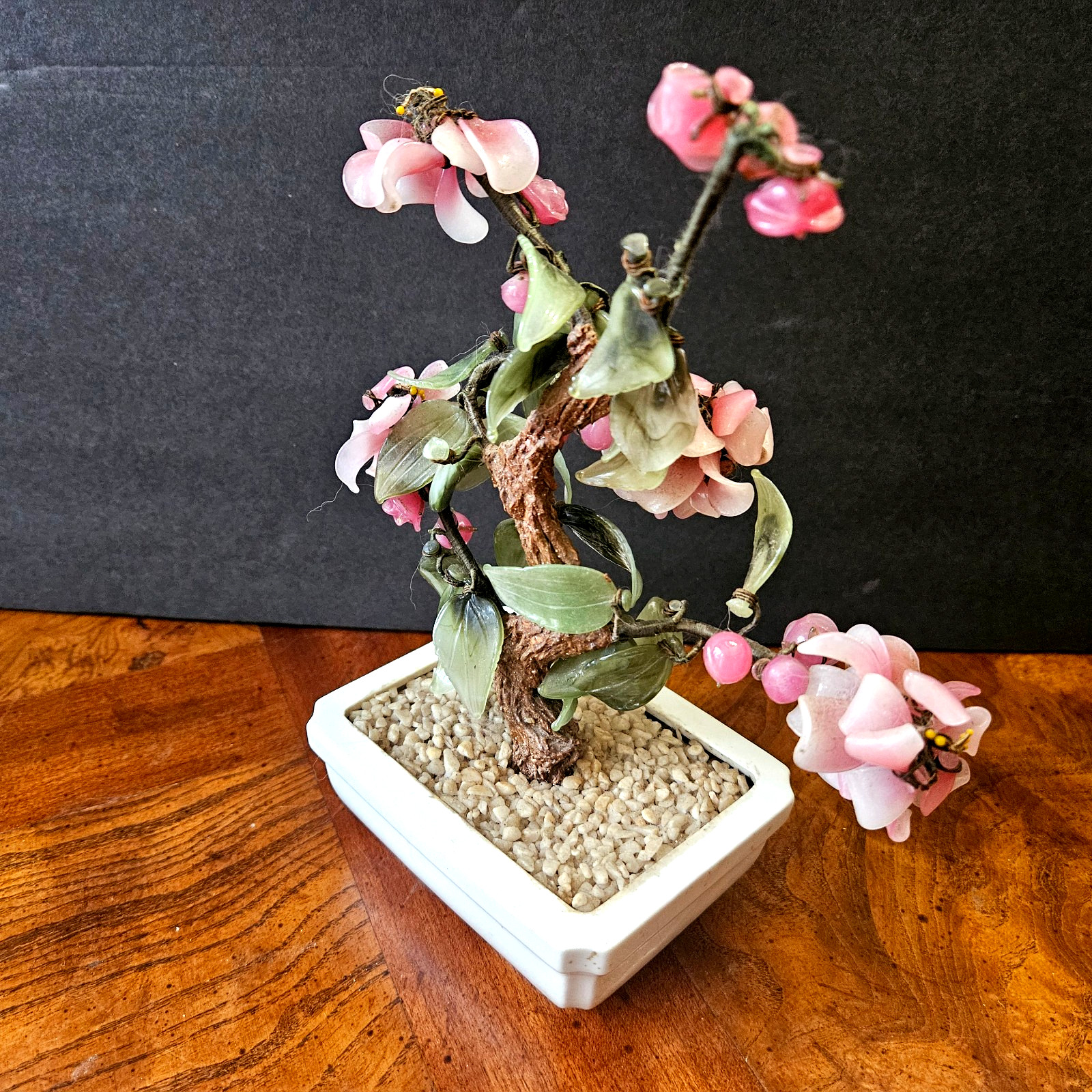 Vintage 9″ Tall Carved Jade & Cherry Blossom Flowered Bonsai Tree/3.5″x 4.5″ Pot