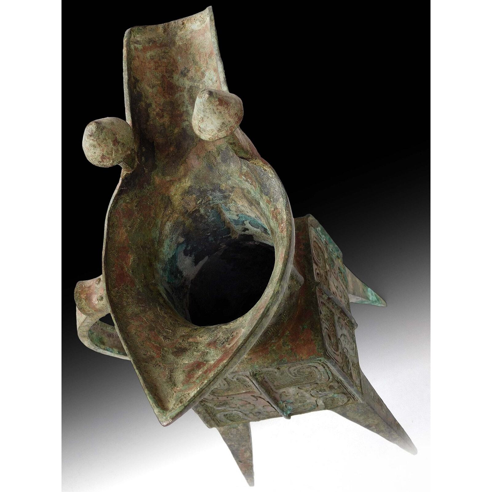 Vintage Chinese Shang Dynasty Style Museum Libation Bronze Jue Vessel 12”H 饕餮銅方爵