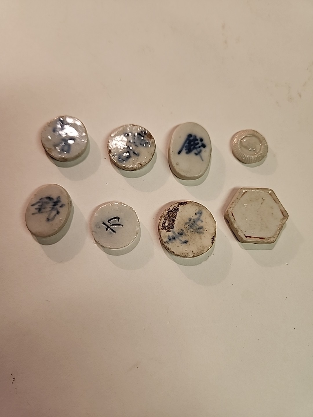 Authentic Lot of 8 19th Century Porcelain Siam, Thai, & Chinese Game Tokens