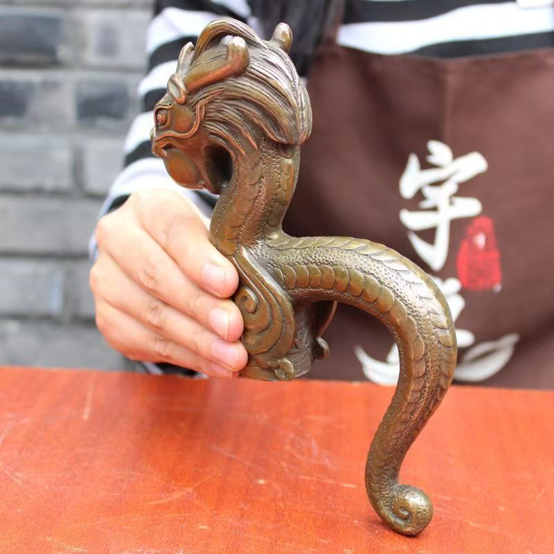Old Handmade Carved Dragon Statue Cane Walking Stick Head Statues