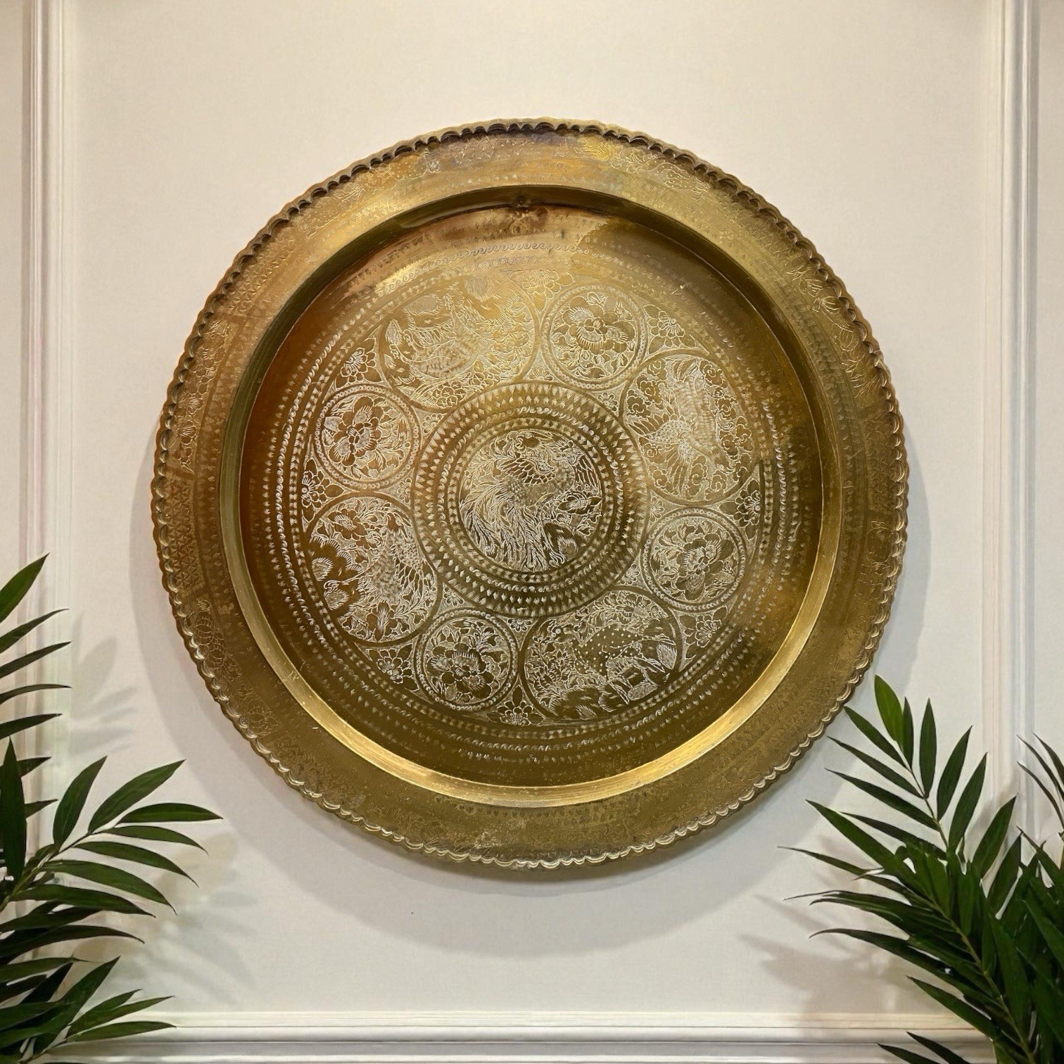 Mid Century Brass Chinese Phoenix Round Tray Engraved Wall Art Good Fortune 30in