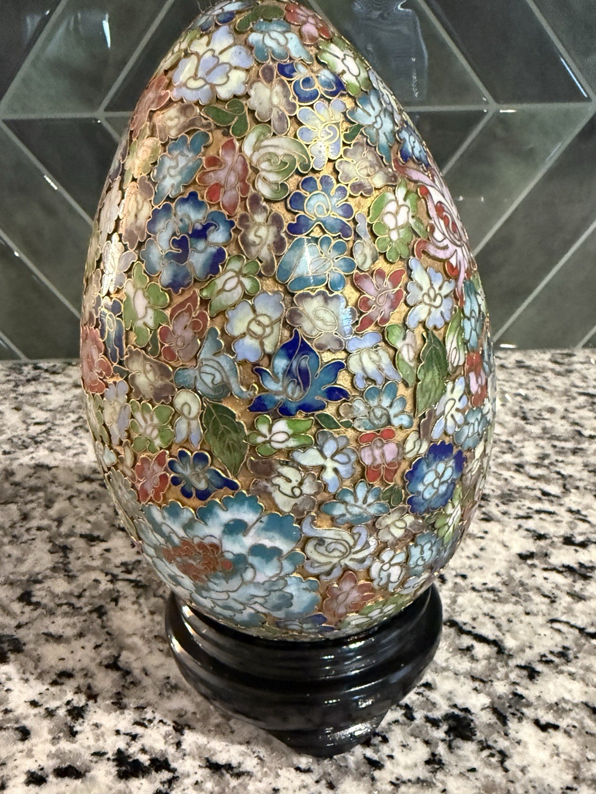 Vintage Chinese Cloisonné Large Gilded Egg w/ Wood Stand Floral, Millefleurs
