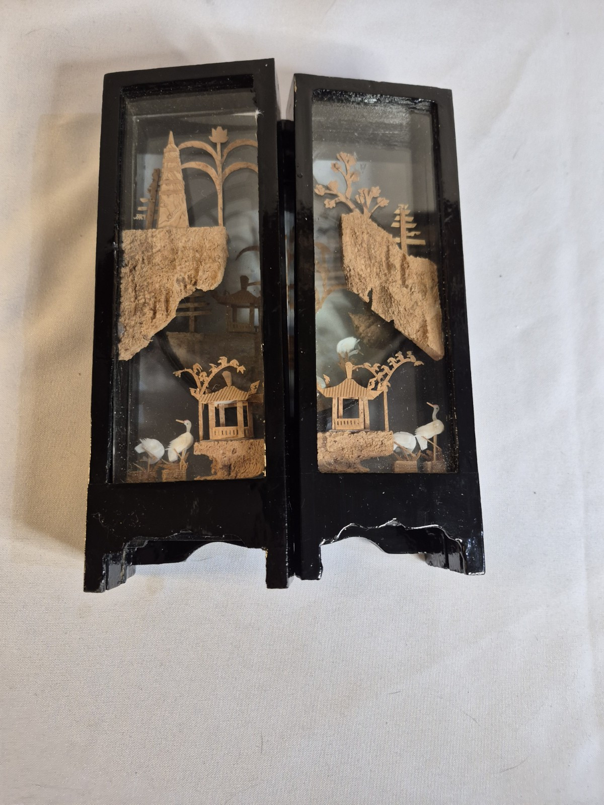 Chinese Cork Art Tabletop Screen Carving Panel 12″ Black Laquer Bird Trees Vtg
