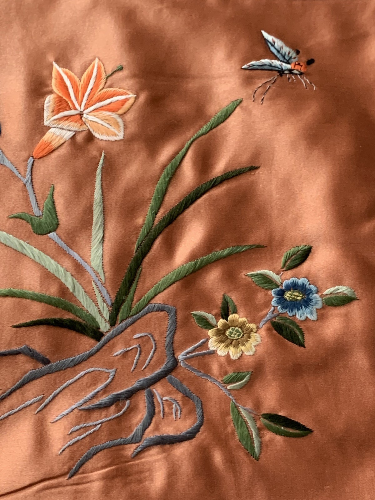 Vintage Chinese Silk Embroidery Textile Panel Butterfly and Flowers 13 x 13″