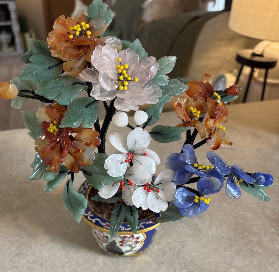 Chinese Jade , Quartz,Bonsai Tree in Round Footed Cloisonne Flower Pot – 9″ Tall